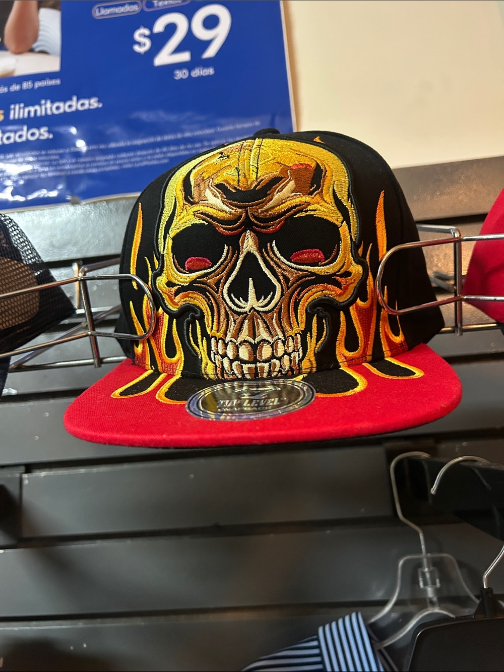 Flaming Skull Snapback Hat - Black/Red
